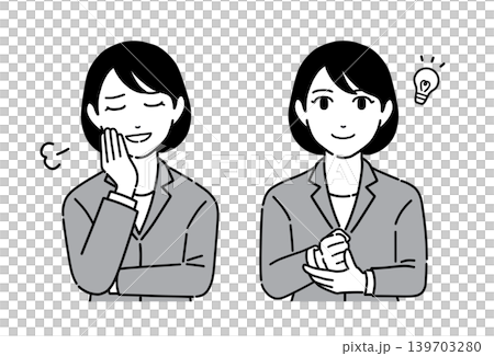 A young woman in a suit, with her hand on her cheek, deep in thought; positive; two different facial expressions. 139703280