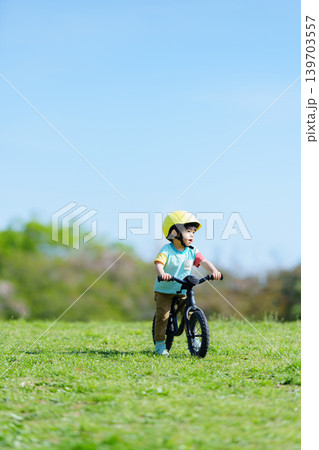 公園でキックバイクにまたがる2歳の男の子 139703557