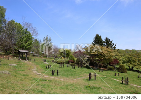 五月六日の北海道、小樽市、小樽の手宮公園、正式には手宮緑化植物園、春の花咲き乱れる港湾を望む公園です 139704006