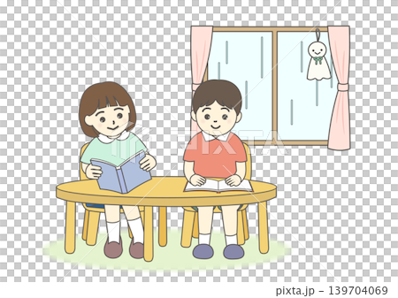 雨天裡,孩子們在讀書。 雨天裡,孩子們在讀書。 139704069
