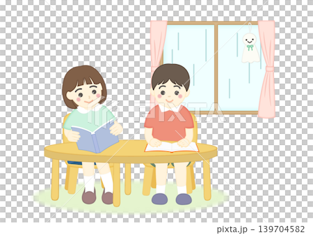 雨天裡,孩子們在讀書。 雨天裡,孩子們在讀書。 139704582