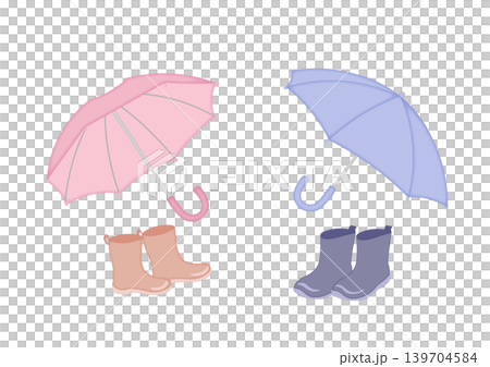 可愛的水彩風格插畫，描繪了一把雨傘和雨靴。 139704584