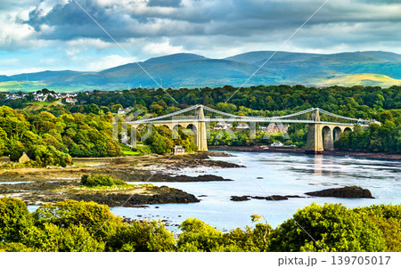 View of the Menai Suspension Bridge across the Menai Strait in Wales, Great Britain 139705017