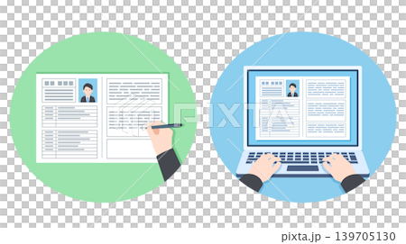 Illustrations of writing a paper resume by hand and creating a resume on a computer. Illustrations of writing a paper resume by hand and creating a resume on a computer. 139705130