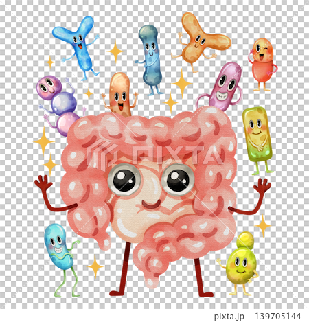Happy watercolor intestine character surrounded by friendly probiotics bacteria and sparkles. Perfect for promoting gut health, supplements, prebiotics, and a balanced microbiome. Happy watercolor intestine character surrounded by friendly probiotics bacteria and sparkles. Perfect for promoting gut health, supplements, prebiotics, and a balanced microbiome. 139705144