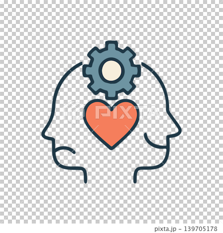 Simplified Stylized Outline of Two Human Heads with a Heart and Gear Symbol Inside Representing Mind and Emotion Connection 139705178