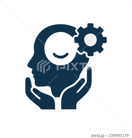 Minimalist Flat Design Silhouette of a Human Head with Gears Symbolizing Insight and Thought Process 139705179