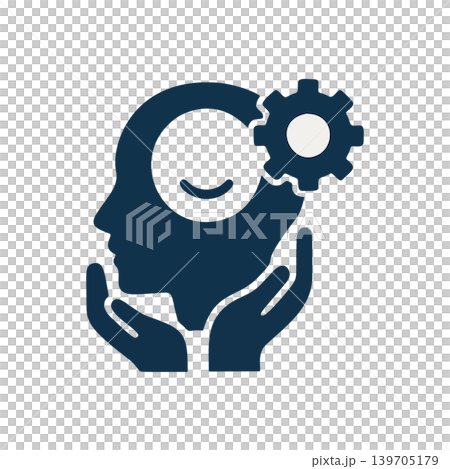 Minimalist Flat Design Silhouette of a Human Head with Gears Symbolizing Insight and Thought Process 139705179