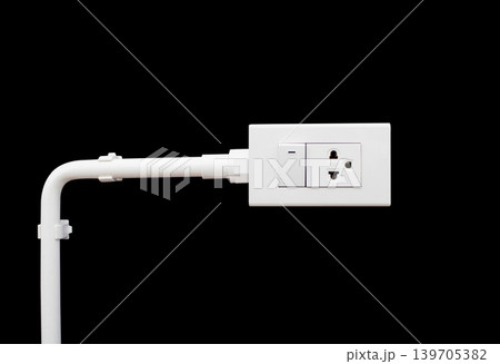 Close-up White Switch And Plug isolated on black background with copy space Close-up White Switch And Plug isolated on black background with copy space 139705382