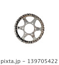 Old chain of motor engine. Close up of a dirty motorcycle chain with a motor oil on a wheel and metal parts,Circle isolated on white background 139705422
