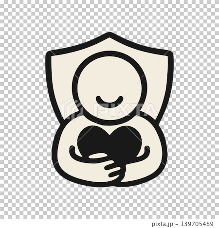 Stylized Simple Hand Drawn Person Holding Heart Shape Inside Shield Emblem Graphic 139705489