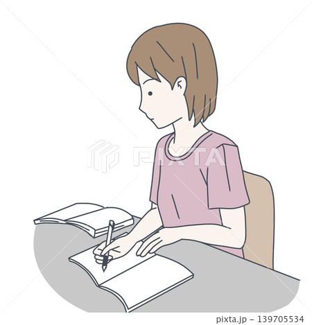 自宅で熱心に勉強する女性のイラスト リカレント教育 試験対策 自宅で熱心に勉強する女性のイラスト リカレント教育 試験対策 139705534
