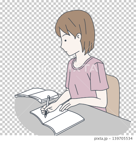 自宅で熱心に勉強する女性のイラスト リカレント教育 試験対策 自宅で熱心に勉強する女性のイラスト リカレント教育 試験対策 139705534