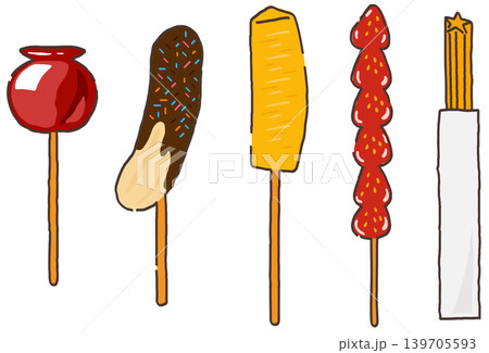 お祭り 夏祭り 屋台 スイーツ デザート セット チョコバナナ 冷やしパイン ベクターイラスト お祭り 夏祭り 屋台 スイーツ デザート セット チョコバナナ 冷やしパイン ベクターイラスト 139705593