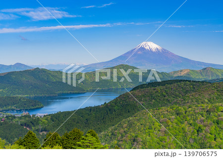 （神奈川県）新緑の箱根から芦ノ湖と富士山を望む 139706575