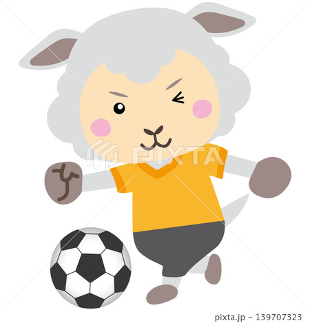 元気にサッカーをする羊のマスコットイラスト 139707323