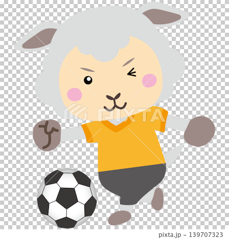 元気にサッカーをする羊のマスコットイラスト 139707323