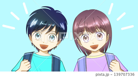 ランドセルを背負った小学生、男の子と女の子のアニメ風イラスト 139707336
