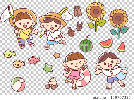 A set of illustrations of boys and girls enjoying their summer vacation. A set of illustrations of boys and girls enjoying their summer vacation. 139707356