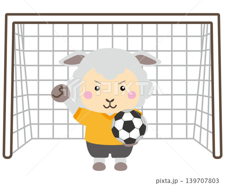 羊のサッカーゴールキーパーキャラクターとゴールネットフレームのイラスト 139707803
