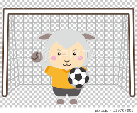 羊のサッカーゴールキーパーキャラクターとゴールネットフレームのイラスト 139707803