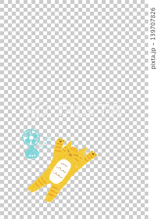 A cute summer animal illustration: a tabby cat napping with its tongue sticking out, next to a fan. A cute summer animal illustration: a tabby cat napping with its tongue sticking out, next to a fan. 139707826