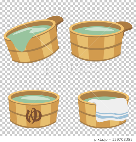Wooden bucket illustration set (with handle, text, and towel) Wooden bucket illustration set (with handle, text, and towel) 139708385
