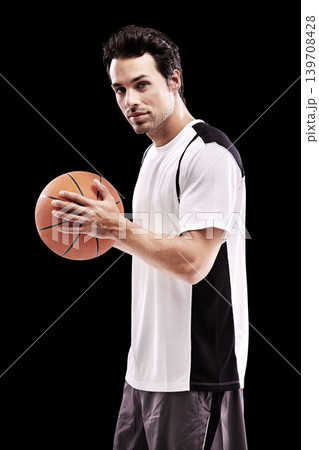 Sports, basketball and portrait of fitness man with ball in studio for training, wellness or fun hobby on black background. Workout, face and male athlete with handball match, workout or performance Sports, basketball and portrait of fitness man with ball in studio for training, wellness or fun hobby on black background. Workout, face and male athlete with handball match, workout or performance 139708428