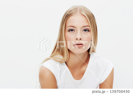 Woman, portrait and beauty with makeup, face and model for skincare, cosmetics on white background. Treatment, vision or healthy skin with shine, wellness or clean for glow, facial or mockup space Woman, portrait and beauty with makeup, face and model for skincare, cosmetics on white background. Treatment, vision or healthy skin with shine, wellness or clean for glow, facial or mockup space 139708430