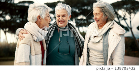 Talking, funny and senior woman friends outdoor in a park together for bonding during retirement. Happy, smile and laughing with a group of elderly people chatting in a garden for humor or fun Talking, funny and senior woman friends outdoor in a park together for bonding during retirement. Happy, smile and laughing with a group of elderly people chatting in a garden for humor or fun 139708432