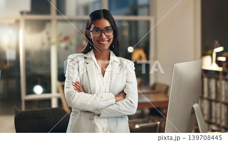 Night, arms crossed and face of happy woman, office consultant or HR manager happy for workplace empowerment. Pride, portrait and Indian person confident, professional and working on human resources Night, arms crossed and face of happy woman, office consultant or HR manager happy for workplace empowerment. Pride, portrait and Indian person confident, professional and working on human resources 139708445