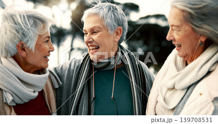 Talking, laughing and senior woman friends outdoor in a park together for bonding during retirement. Happy, smile and funny with a group of elderly people chatting in a garden for humor or fun Talking, laughing and senior woman friends outdoor in a park together for bonding during retirement. Happy, smile and funny with a group of elderly people chatting in a garden for humor or fun 139708531