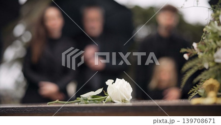 Rose, coffin and funeral at cemetery outdoor at burial ceremony of family together at grave. Death, grief and flower on casket at graveyard for people mourning loss of life at floral farewell event. Rose, coffin and funeral at cemetery outdoor at burial ceremony of family together at grave. Death, grief and flower on casket at graveyard for people mourning loss of life at floral farewell event. 139708671