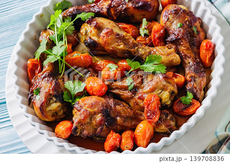 Roasted chicken drumsticks with tomatoes in a dish Roasted chicken drumsticks with tomatoes in a dish 139708836