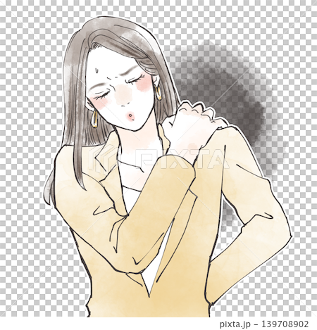一幅描繪女性肩膀僵硬、頸部疼痛的插圖。 139708902