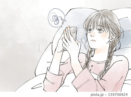 不眠症で夜眠れず悩む女性のイラスト 139708924