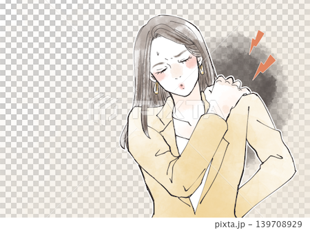 一幅描繪女性肩膀僵硬、頸部疼痛的插圖。 139708929