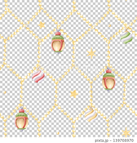 Watercolor Christmas lights garland with lanterns, stars and baubles. Hand drawn festive repeat background for New Year winter holiday. Hand drawn nursery backdrop for wallpapers and wrapping paper 139708970
