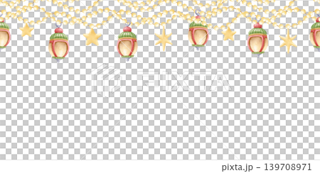 Christmas lanterns with gold stars on light garlands watercolor seamless border on white. Festive New Year upper repeat banner clip art for winter holiday designs Christmas lanterns with gold stars on light garlands watercolor seamless border on white. Festive New Year upper repeat banner clip art for winter holiday designs 139708971