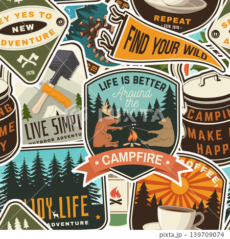 Vintage summer camp colorful seamless pattern with travel inspirational quotes. Vector background with camping tent, camping tools, campfire, mountains and forest silhouettes 139709074