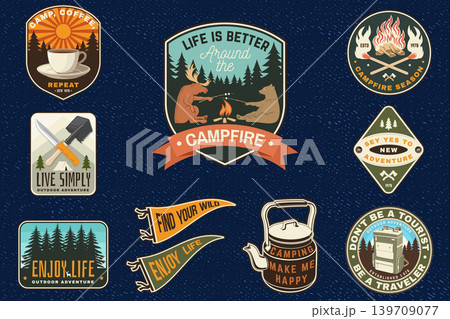 Vintage Camping Badge Set with Retro Outdoor Adventure Patches and Campfire Stickers. Vector patch, sticker for camping outdoor and academic activities 139709077
