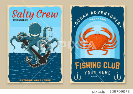 Vintage Marine Poster Set with Octopus and Crab Retro Fishing Club Artwork. Outdoor adventure poster in retro style for camping lifestyle branding and print design vector illustration Vintage Marine Poster Set with Octopus and Crab Retro Fishing Club Artwork. Outdoor adventure poster in retro style for camping lifestyle branding and print design vector illustration 139709078