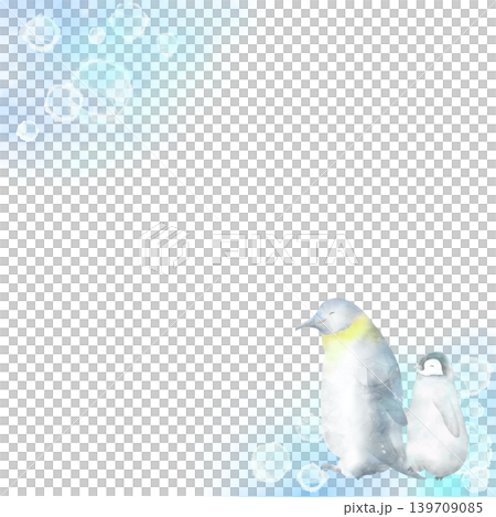A refreshing background frame featuring blue bubbles and a penguin family. A cool, watercolor-style illustration. A refreshing background frame featuring blue bubbles and a penguin family. A cool, watercolor-style illustration. 139709085