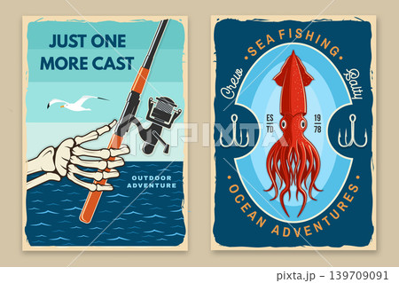 Vintage Fishing Club Poster Set with Anglers Club and Retro Fishing Prints. Outdoor adventure poster in retro style for camping lifestyle branding and print design vector illustration 139709091