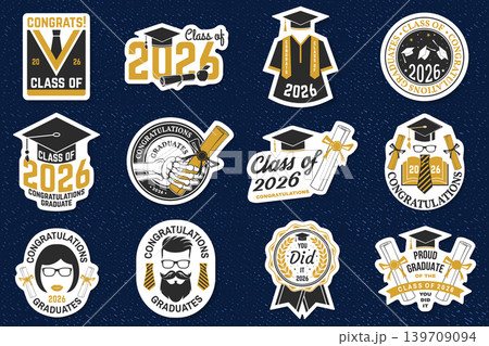 Class of 2026 graduation sticker pack with retro badges, diploma patches and graduate emblems. Vintage academic vector collection for celebration, apparel and school design 139709094