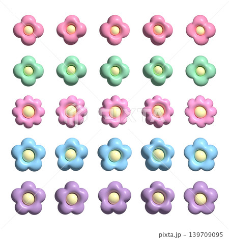 3D風立体的なかわいい花マークのセット パステルカラーのポップなフラワーデザインパーツ 3D風立体的なかわいい花マークのセット パステルカラーのポップなフラワーデザインパーツ 139709095