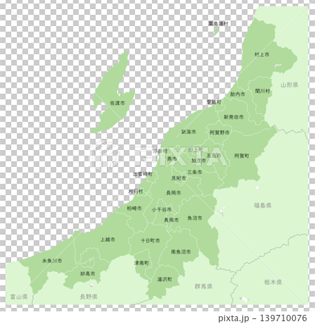 「新潟県」詳細な地図シリーズ。（隣県、市町村の区分と名前あり） 139710076