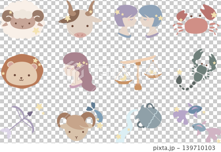 A set of illustration materials featuring the 12 zodiac signs in muted colors. 139710103