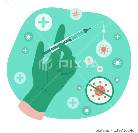 Human Hand in Disposable Medical Glove Holding a Syringe with Dose of Vaccine to Prevent Flu Virus and Bacteria for Healthcare and Medical Concept Illustration Clip Art Human Hand in Disposable Medical Glove Holding a Syringe with Dose of Vaccine to Prevent Flu Virus and Bacteria for Healthcare and Medical Concept Illustration Clip Art 139710346
