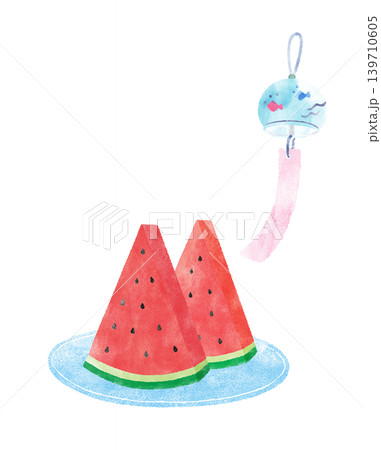 水彩画風の風鈴とカットスイカの夏イラスト 背景透過 水彩画風の風鈴とカットスイカの夏イラスト 背景透過 139710605